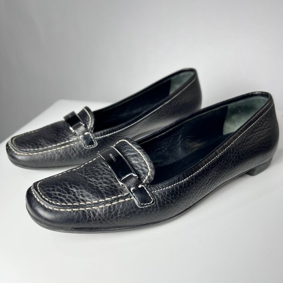 Vintage Prada Daino Black Loafers with White Stitching Women 7.5 Made in Italy - Picture 3 of 11